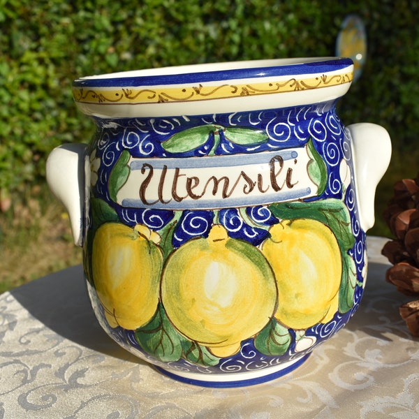 Tuscan ceramic utensil holder handmade, hand painted with red poppies in a modern designs