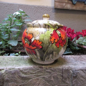 Tuscan ceramic cookie jar handmade, hand painted with poppies flowers design