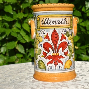 Tuscan ceramic utensil holder handmade, hand painted with lemons and fleur-de-lis designs