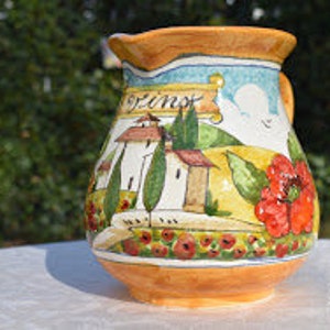 Tuscan wine pitcher handmade, hand painted 'vino' with Florentine fleur-de-lis design