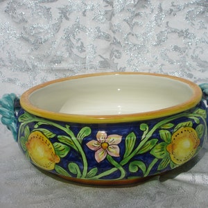 Tuscan ceramic centerpiece bowl with handles handmade, hand painted with lemons design