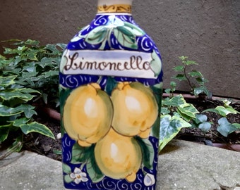 Large limoncello bottle handmade, hand-painted  with sunflowers, lemons, Tuscan leaves