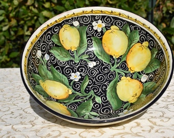 Tuscan ceramic bowl handmade, hand painted with lemons on blue,red or black designs
