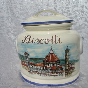 Tuscan ceramic cookie jar handmade, hand painted with &#39;biscotti&#39; in lemons on blue design
