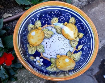Tuscan ceramic bowl handmade, hand painted with lemons, sunflowers, Tuscany countryside, fleur-de-lis designs