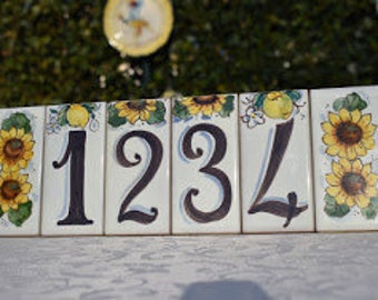 Tuscan numbered tiles hand painted with sunflowers designs