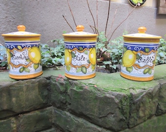 Tuscan ceramic salt or sugar or coffee jar handmade, hand painted with lemons on blue design