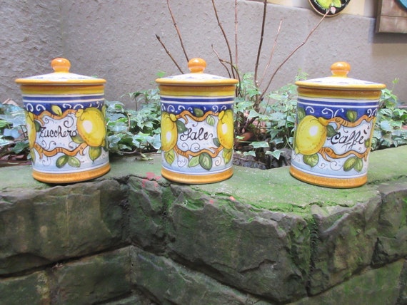 Tuscan ceramic salt/sale jar handmade, hand painted with lemons and blue designs
