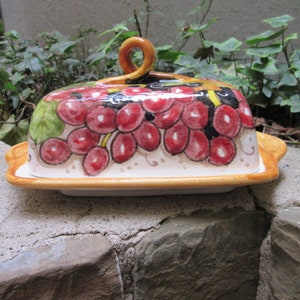 Tuscan ceramic butter dish handmade, hand painted with fruits on black design