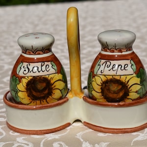 Tuscan salt & pepper set handmade, hand painted with ‘sale e pepe’ lemons, flowers, Florence skyline designs