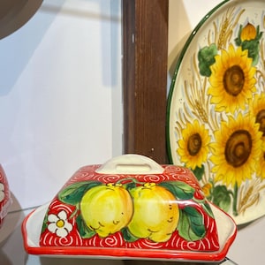 Tuscan ceramic butter dish handmade, hand painted with lemons, fruits,giglio and tuscany design
