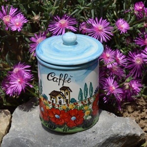 Frasco de café 'caffè' de cerâmica toscana feito à mão, pintado à mão com limões e desenhos de girassóis