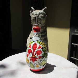 Toskana Olivenöl Spender oder Essig Olio/Aceto handgefertigt, handbemalt mit Fleur-de-Lis/Giglio Design