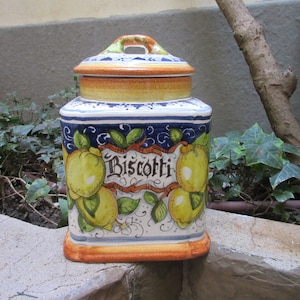 Tuscan large cookie jar handmade, hand paintedin traditional lemons on blue design
