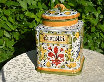 Tuscan large cookie jar handmade, hand painted container in Florentine fleur-de-lis design