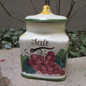 Tuscan ceramic ‘sale’ salt jar handmade, hand painted with lemons,pomegranades and grapes