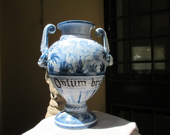 Tuscan  pharmacy vase handmade, hand-painted in white and blue "savona" pattern very old and traditional design.