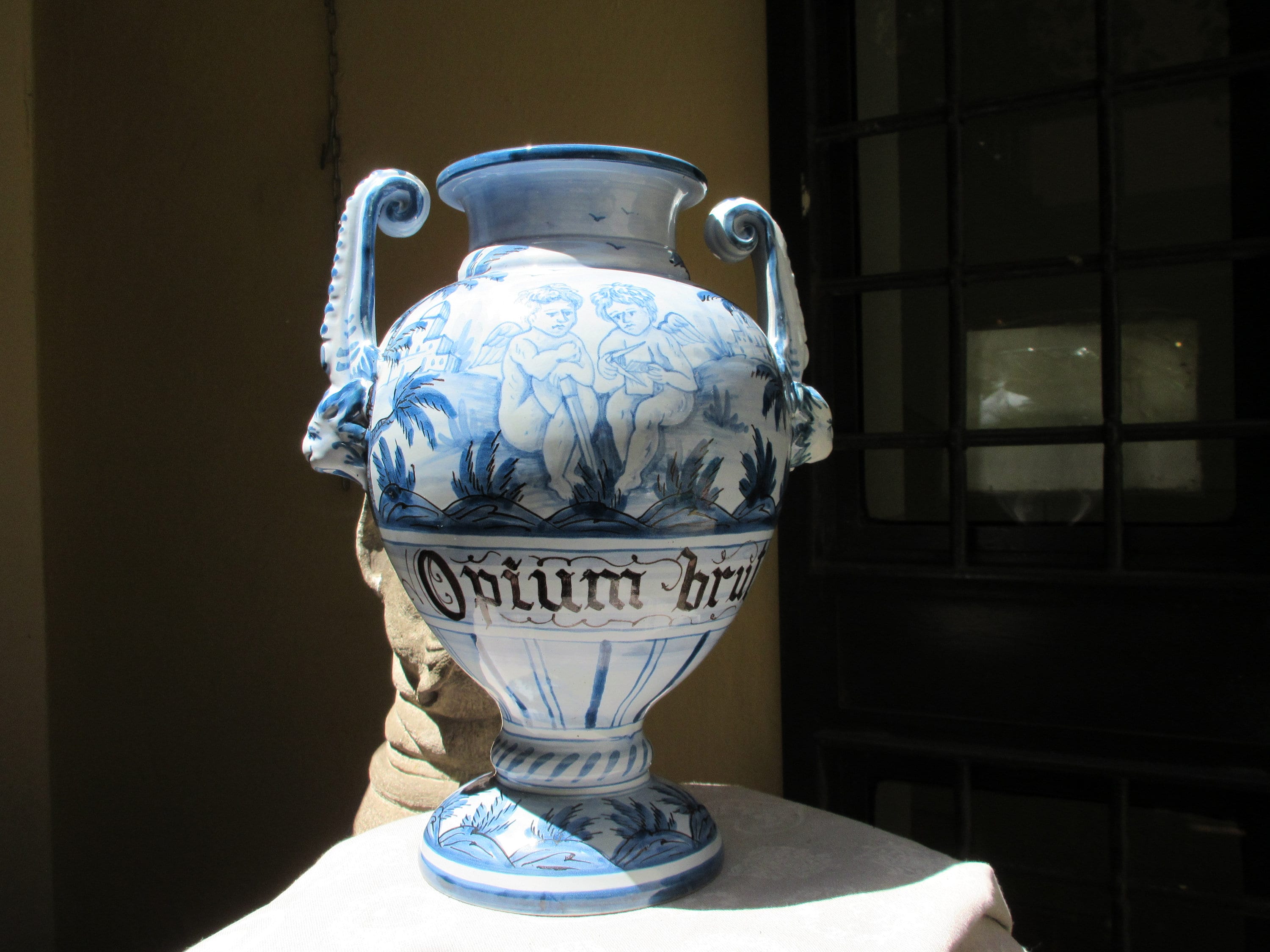 Tuscan  pharmacy vase handmade, hand-painted in white and blue "savona" pattern very old and traditional design.