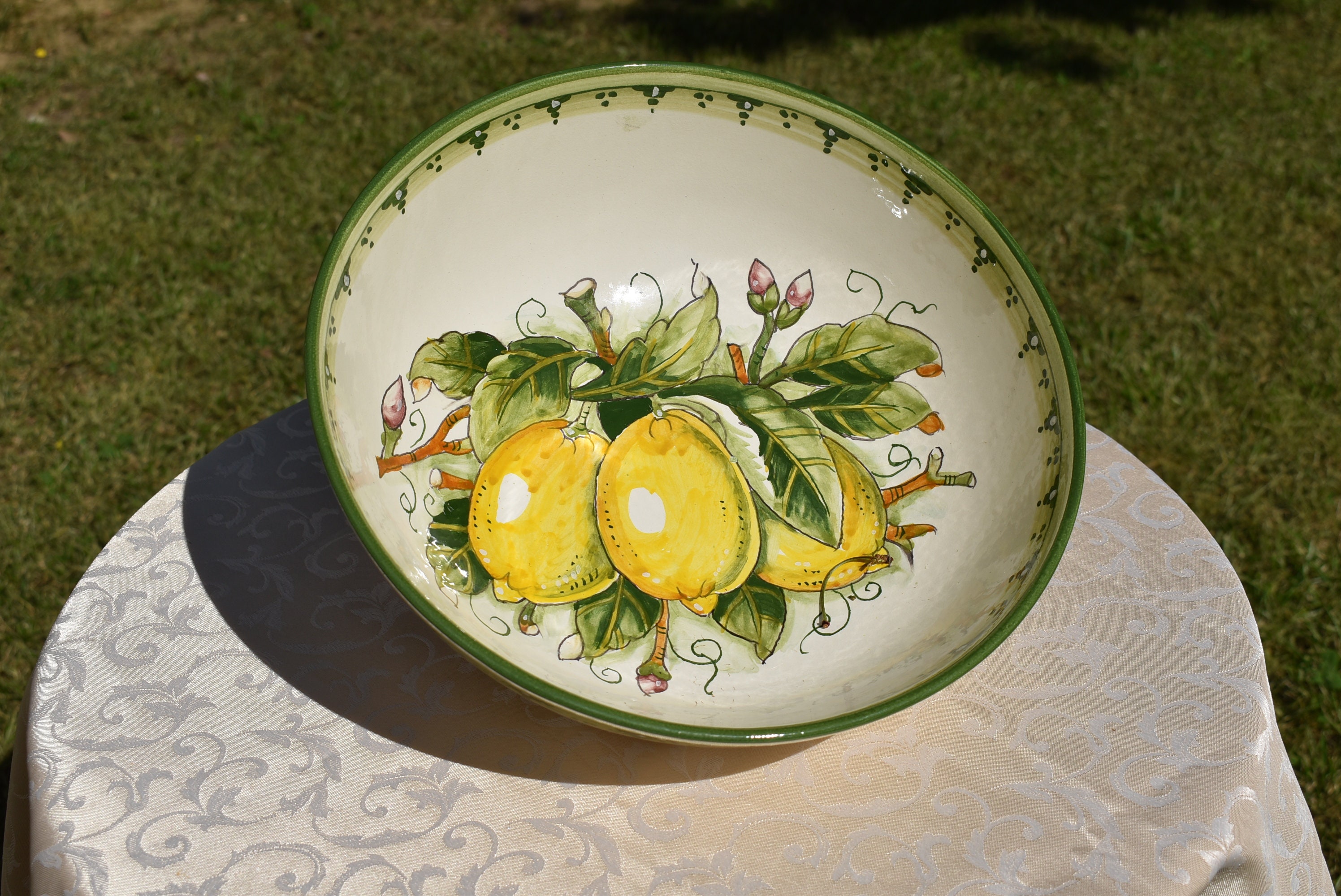 Tuscan ceramic pasta bowl handmade, hand painted with lemons and green italian designs