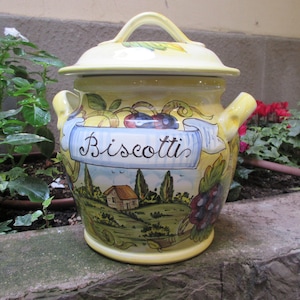 Tuscan ceramic cookie jar handmade, hand painted with &#39;biscotti&#39; in coutryside design