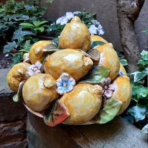 Tuscan centerpiece handmade, hand-painted with lemons, white flowers and green leaves