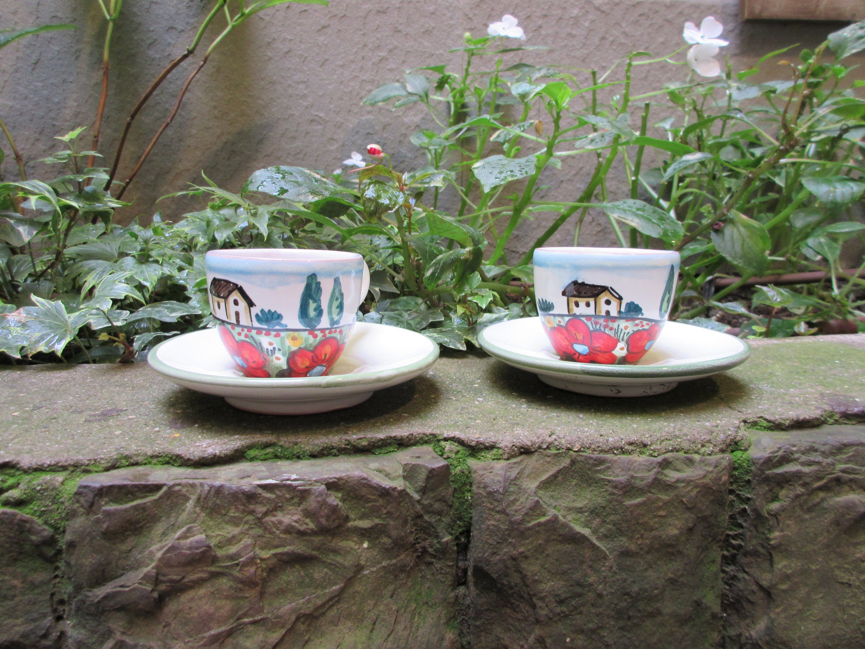 Tuscan espresso/demitasse cup & saucer set (2) handmade, hand-painted with fruits and flowers designs