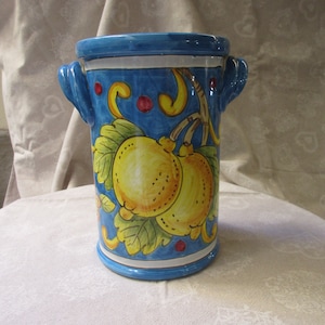 Tuscan ceramic utensil holder handmade, hand painted with lemons very traditional designs
