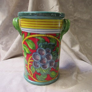 Tuscan ceramic utensil holder handmade, hand painted with lemons and grapes  very traditional designs