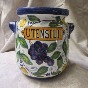 Tuscan ceramic utensil holder handmade, hand painted with lemons,grapes and sea star very traditional designs