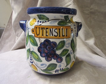 Tuscan ceramic utensil holder handmade, hand painted with lemons,grapes and sea star very traditional designs