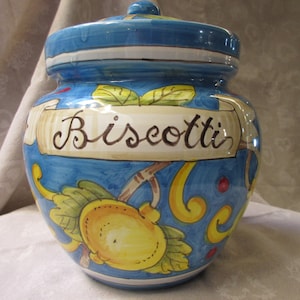 Tuscan ceramic biscotti/cookies jar handmade, hand painted in lemons designs