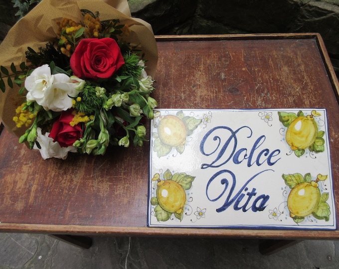 Ceramic rectangular tile handmade, hand painted with lemons  designs and "Sweet life" writing