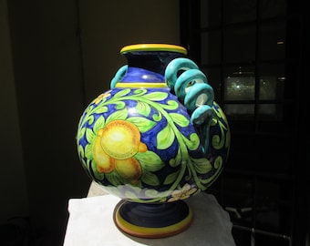 Tuscan vase with detailed handles hand made hand painted in lemons design