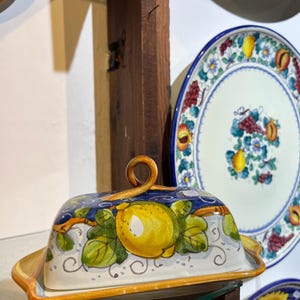 Tuscan ceramic butter dish handmade, hand painted with lemons, fruits,giglio and tuscany design