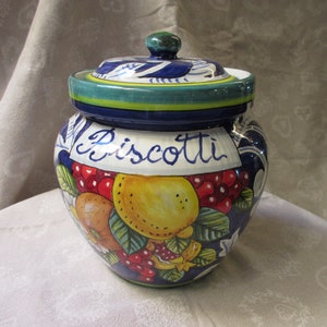 Tuscan ceramic biscotti/cookies jar handmade, hand painted with fruits designs