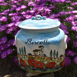 Tuscan ceramic cookie jar handmade, hand painted in tuscany countryside and poppies design