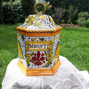 Tuscan ceramic cookie jar handmade, hand painted  in fleur-de-lis, giglio design