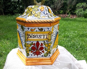 Tuscan ceramic cookie jar handmade, hand painted  in fleur-de-lis, giglio design