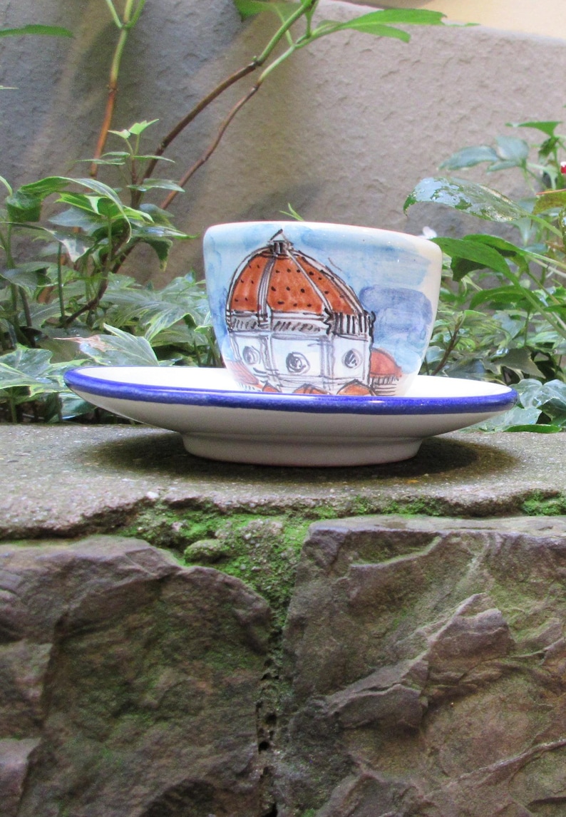 Tuscan espresso/demitasse cup & saucer set handmade, hand-painted with peacock designs florence duomo