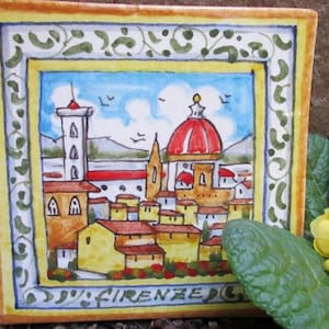 Medium ceramic tile handmade, hand painted with &#39;Firenze&#39; Florence, Florentine fleur-de-lis designs
