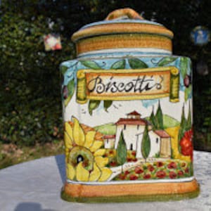 Tuscan large cookie jar handmade, hand painted with &#39;biscotti&#39; in landscape design design