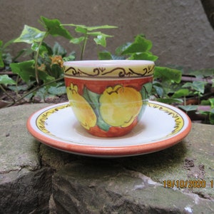 May include: A white ceramic teacup and saucer with a red, yellow, and green floral design. The cup and saucer have a gold trim.