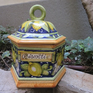 Tuscan ceramic cookie jar handmade, hand painted container in lemons on blue design