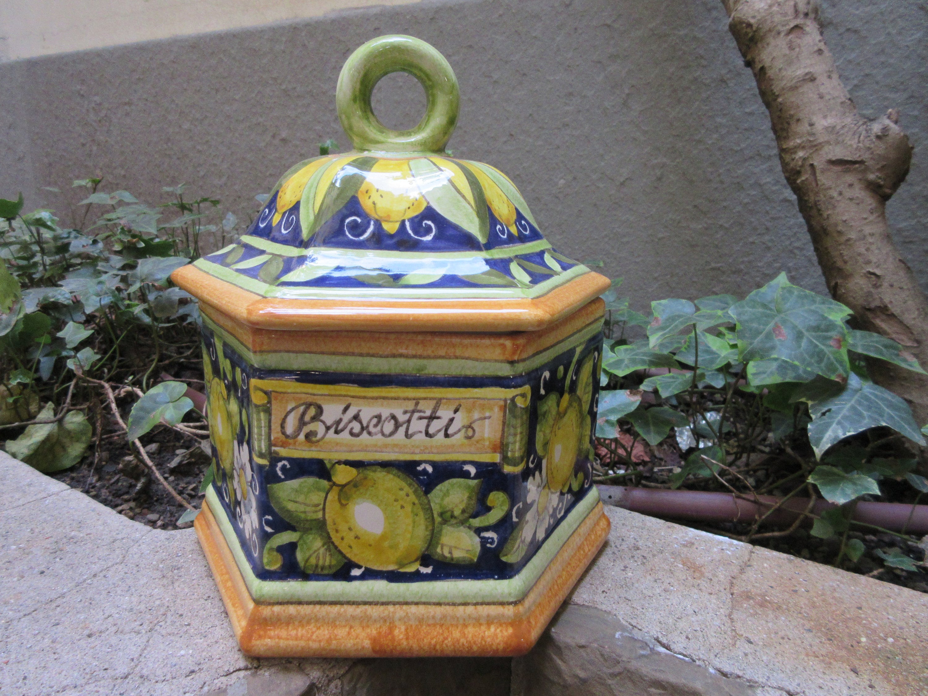 Tuscan ceramic cookie jar handmade, hand painted container in lemons on blue design
