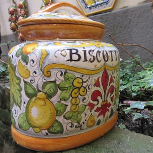 Tuscan ceramic cookie jar handmade, hand painted with giglio design