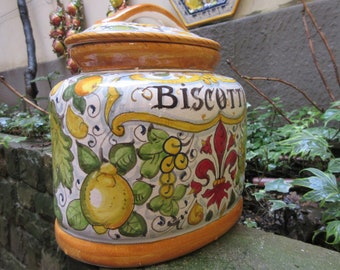 Tuscan ceramic cookie jar handmade, hand painted with giglio design