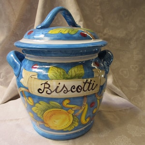 Tuscan ceramic cookie jar handmade, hand painted in lemons design