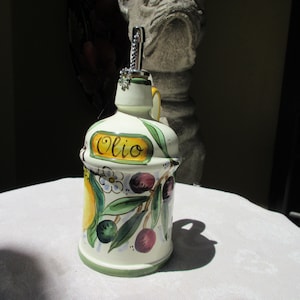 Tuscan oil container handmade ceramic, hand-painted &#39;olio &#39; with lemons, grapes, sunflowers designs