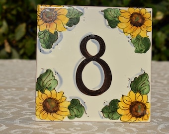 Ceramic tile handmade, hand painted with sunflowers to customize with your house number.