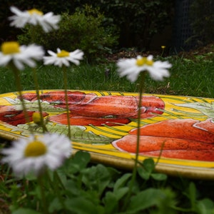 Tuscan platter handmade, hand painted with red poppies on yellow background.